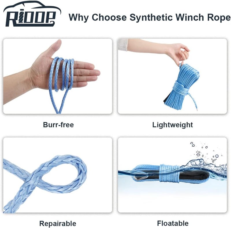 RIOOP Synthetic Winch Rope, 1/4 Inch x 50 Feet 9,500LBs Winch Cable Line with Protective Sleeve for ATV UTV (Blue) - Image 5